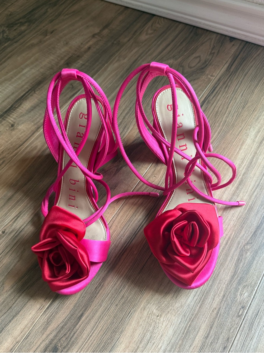 Gianni Bini Gardner Hot Pink Satin Rose Lace-Up Heels Barbiecore Sandals
